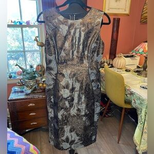 J Mendel silver and bronze floral lurex and silk midi sheath dress. Size 6.